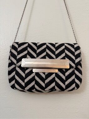 Lauren Merkin Black and White Beaded Chevron Clutch with Silver Bar